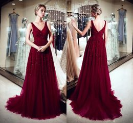 Red Wine Elegant Dresses V Neck Beading A Line Wine Red Tulle Long Party Formal Evening Dresses Women Plus Size Prom Gowns DH4277