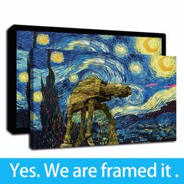 Vincent Van Gogh Starry Night Robot Battle Canvas Art Print Wall Decor Oil Painting Poster for Living Room Home Decor