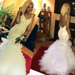 Modest Sexy Backless Mermaid Evening Dresses Tiers Skirts Lace Dubai Vestidos De Festa Party Dress Prom Formal Pageant Celebrity Gowns