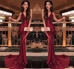 Arabic Burgundy Sexy V Neck Mermaid Prom Dresses High Slits Sequin Bling Vestidos De Fiesta Dubai Formal Long Evening Party Prom Gowns