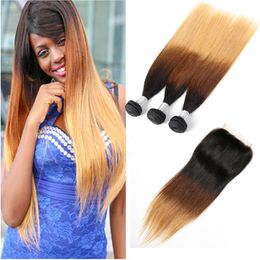 Peruvian Vrgin Hair Extensions 1B/4/27 Silky Straight Human Hair Bundles With 4X4 Lace Closure 1B 4 27 Hair Products 10-30inch