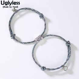 Uglyless 1Pair Lovers Infinity Bracelets Adjustable Rope Chain Bracelet for Couples 925 Silver Mountain Wave Bead Magnet Jewelry CX200702
