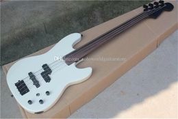 No Frets 4 Strings Pure White Body Fretsless Electric Bass Guitar with Black Hardware,Skull pattern Neck Plate,Can be Customised