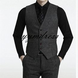 Black Wool Herringbone Tweed Groom Vests Business Mens Suit Vest Slim Sit Vintage British Wedding Waistcoat Custom Mad