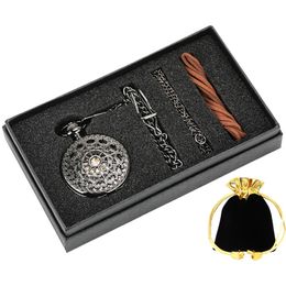 Retro Black Skeleton Dial Hand Winding Mechanical Unisex Pocket Watch Roman Numbers Analogue Dial Watches for Men Women Gift Set