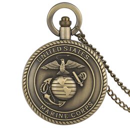 Steampunk Bronze United States Marine Corps Design Pocket Watches Quartz Analogue Display Military Watch Necklace Chain