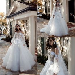 Boho Elegant Bridal Gowns Bateau Long Sleeve Appliques Lace A Line Flower Wedding Dresses Ruched Sweep Train Beach Bridal Dress Custom Made