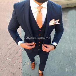 High Quality One Button Navy Blue Groom Tuxedos Peak Lapel Groomsmen Mens Suits Wedding/Prom/Dinner Blazer (Jacket+Pants+Vest+Tie) K154