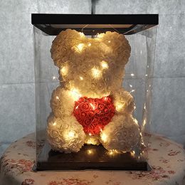 led light artificial rose teddy bear flower wedding decoration rose foam bear with love heart rose bear crafts valentines gift for girls