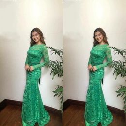 Spring 2019 Modest Long Sleeve Prom Dresses Mermaid Jewel Neck Fishtail Green Lace Formal Evening Gowns Mint Sage Emerald Green