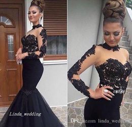 Black Evening Dress Mermaid High Neck With Long Sleeves Formal Holiday Wear Prom Party Gown Custom Made Plus Size