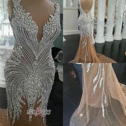Champagne Plus Size Wedding Dresses V Neck Crystal Beads Sweep Train Sexy Backless Gorgeous Mermaid Wedding Dress Country Bridal Gowns 4387