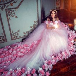 Fairy-Tale Floral Ball Gown Wedding Dresses With 3D Hand Made Flowers Glamorous Off Shoulder Lace-Up Wed Gowns Cheap Tulle Bridal Dress