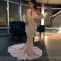 Shiny Sequined Mermaid Prom Dresses With Detachable Long Sleeve Celebrity Mermaid Evening Gowns Deep V Neck African Women Party Dress