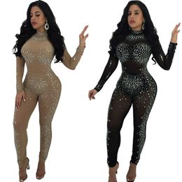 Sparkly Rhinestones Sexy Party Jumpsuit Women Mesh Patchwork See Through Bodycon Long Sleeve Skinny Bodysuits Clubwear Party One Piece Rompe