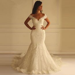 Setwell Sweetheart Mermaid Wedding Dress Off the Shoulder Sexy Back Floor Length Lace Beaded Bridal Gown