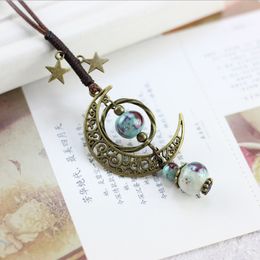 Vintage Moon Ceramic Beads Necklace Double Star Boho Women Statement Jewellery Adjustable Rope Chain Long Sweater Necklaces CN01