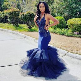 Navy Blue Halter Mermaid Prom Dresses Lace Appliques Beaded Tiered Skirt Africa Evening Graduation Gowns Special Occasion Party Dresses