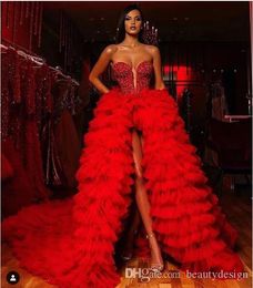 Sexy Red Top Sequins Beads Bling Event Prom Dresses 2020 Front Split Tulle Evening Gowns With Puffy Tulle Skits Custom Made