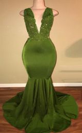 African Olive Green Mermaid Prom Dresses Satin Beaded Lace Appliqued Sweep Train Arabic Party Evening Dresses HY212