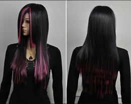 WIG free shipping Women Long Straight Hair Black Pink Mixed Lolita Heat Resistant Cosplay Full Wig 84