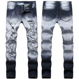 Jeans masculinos homens cinza azul gradiente trecho magro encaixar longa denim hip hop calças lápis para macho