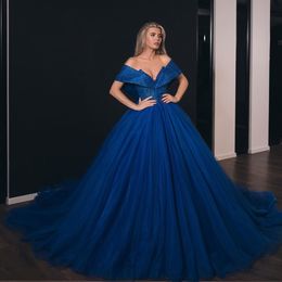 Blue Sequined Ball Gown Prom Dresses Off The Shoulder V Neck Formal Dress Plus Size Tulle Sweep Train Evening Gowns