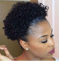 Black hairstyle short afro puff for black women kinky curly drawstring ponytail human hair extension 120g clip short updo