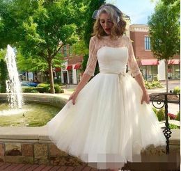 2019 Vintage 3/4 Long Sleeves A-Line Dresses Lace Sheer Jewel Neck Short Tea Length Sash Tulle Wedding Bridal Gown Vestido De Novia 401 401