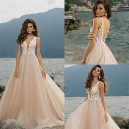 2020 Champagne Boho Mermaid Wedding Dresses Lace Appliqued Beading Bridal Gown Sexy V-neck Backeless Sweep Train Robes De Mariée Cheap