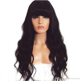 Natural Hairline 180% Density 1b# Black Long Natural Wave Hair Heat Resistant Fibre 26in Wavy Glueless Synthetic Lace Front Wigs with Bangs