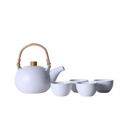 Classic Tetsubin Design Porcelain Teaware Set with 1 Teapot 4 Tea Cups for Loose Leaf Flower Relief Dots on Matte White Green