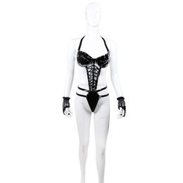 Temptation Women Backless Belt Costume Bondage Glossy Patent Leather Bodysuit Sexy Halter Teddies Lace Up Underwear With Gloves