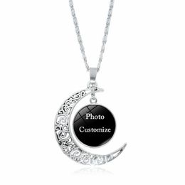 Custom Made Photo Pendant Moon necklace For Women Men Personalized Glass Cabochon picture charm chains Fashion Jewelry Gift