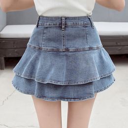 Skirts Plus Size Mini Jean Skirts Summer Womens Sexy High Waist Denim Skirt Female Ruffles Pockets Saia Jeans Fashion Casual Jupe Femme M