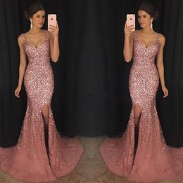 New Sexy Rose Pink Bling Mermaid Formal Prom Dresses Luxury Crystal Beaded Pageant Dress Major Beading Split Sweep Train Evening Dress Wear