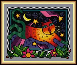 Rainbow Cat home decor diy artwork kit ,Handmade Cross Stitch Craft Tools Embroidery Needlework sets counted print on canvas DMC 14CT /11CT