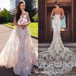 Mermaid Eddy K Dresses with Detachable Train Modest Lace Applique Backless Garden Beach Bridal Dress Wedding Gown