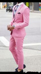 New Stylish Design Groom Tuxedos One Button Pink Peak Lapel Groomsmen Best Man Suit Mens Wedding Suits (Jacket+Pants+Tie) 4201