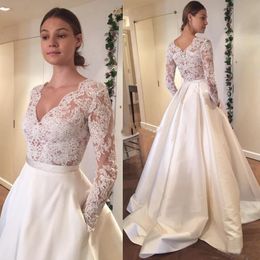 Wholesale Gorgeous Ivory Lace Long Sleeve Bridal Wedding Gowns Plunge V Neckline Buttons Back Sweep Train Bridal Dresses