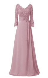 Women Formal Evening Dresses with Sleeves Long Chiffon V-neck Wedding Guest Dresses Floor Length Low Back Mother of Bride Dresses273F