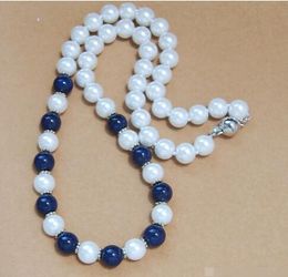 Hand knotted beautiful 8mm white shell pearl & lapis lazuli round beads necklace 45cm fashion jewelry 3pc/lot