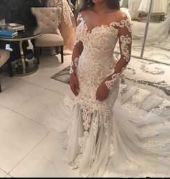 Sexy Plus Size Mermaid Wedding Dresses Neckline Lace Appliques Beaded Illusion Long Sleeves Tulle Sheer Button Back Bridal Gowns 0422