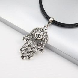 Vintage Silver Evil Eye Hamsa Fatima hand Charms Leather Snake Chain Necklace Women/Men DIY Jewelry Gift - 54