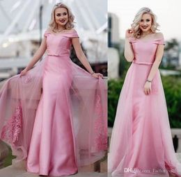 Elegant Pink Off Shoulder Mermaid Evening Dresses With Detachable Skirt Floor Length Formal Party Evening Wear Lace Appliques robes de soi