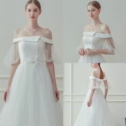 2020 Modest YL Off Shoulder Short Puff Sleeve A Line Wedding Dresses Lace Applique Sequins Wedding Gowns Sweep Train Bridal Gown