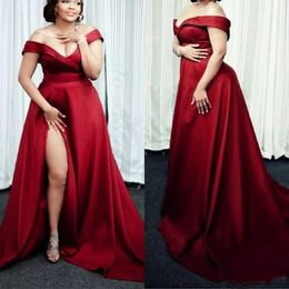 Dark Red Plus Size Evening Dresses 2019 Off The Shoulder Satin Split Side Long Prom Dresses Custom Made Pregnant Evening Dresses