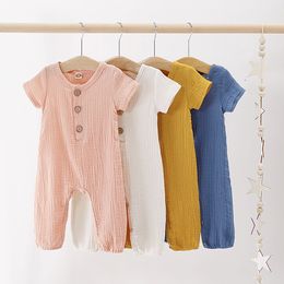 Summer Toddler Newborn Baby Boy Girls Jumpsuits Clothing Kids Bodysuit Cotton Linen Short Sleeve Button Solid Colour Romper Clothes M1502