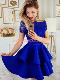 Real Image Lace Arabic Homecoming Dresses Satin Short Sleeve Sheer Party Club Wear Knee Length Cheap A-Line Juniors Cocktail Prom Dress