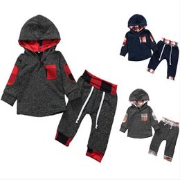 Baby Clothes Plaid Patch Clothing Sets Hooded Sweater Patchwork Pants Suits Boys Girls Spring Autumn Warm Hoodie Trousers Set CYP634